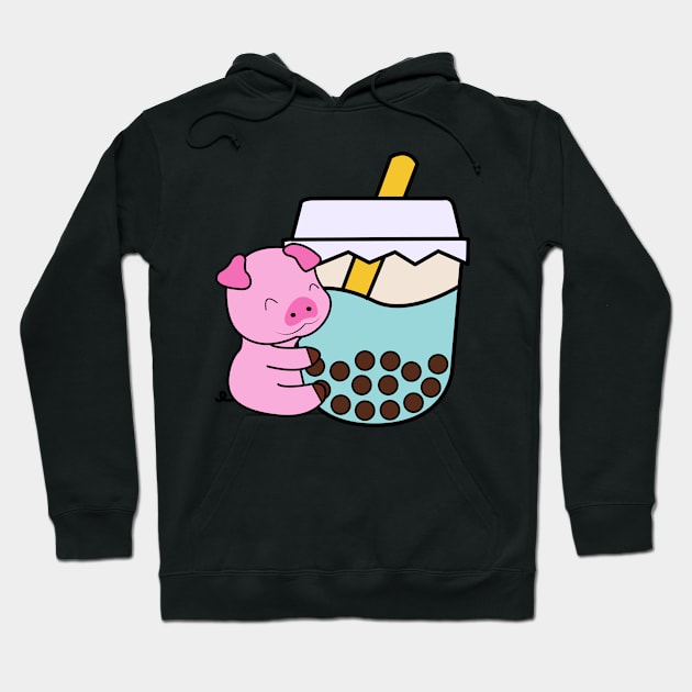 Kawaii Cute Happy Baby Pig Hugs Sweet Bubble Tea Blue Boba Tea Hoodie by 4U2NV-LDN